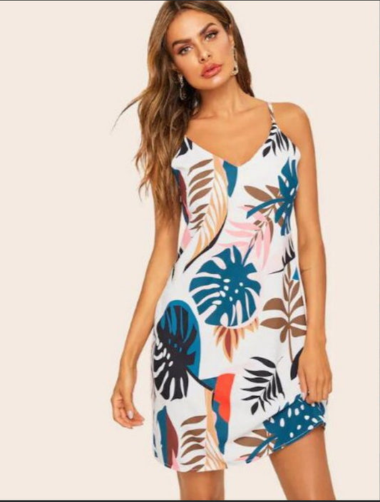 Leaf print V-neck strap dress