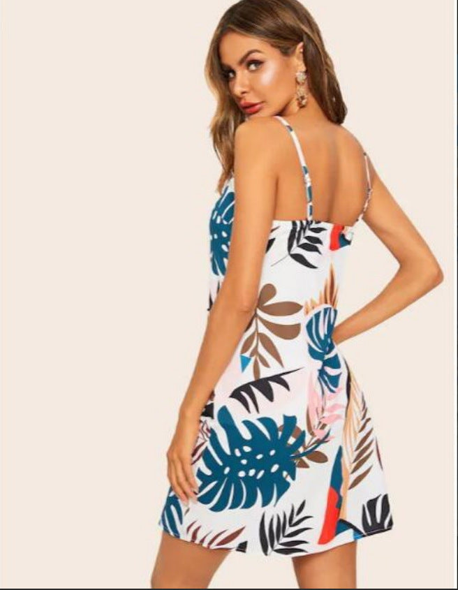 Leaf print V-neck strap dress