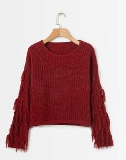 Women’s Red Fringe Sleeve Sweater  Loose Fit