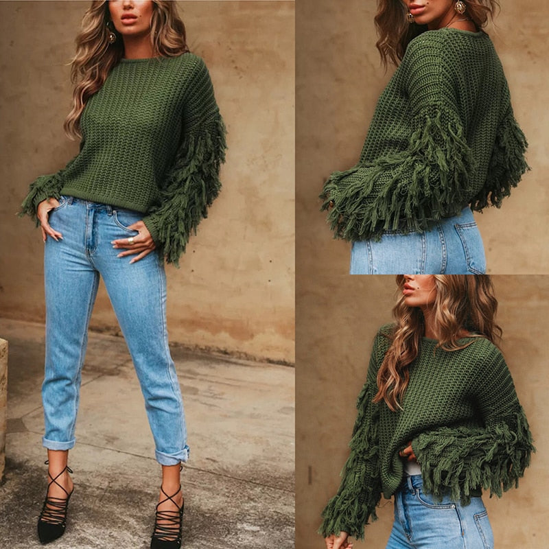 Women’s Red Fringe Sleeve Sweater  Loose Fit