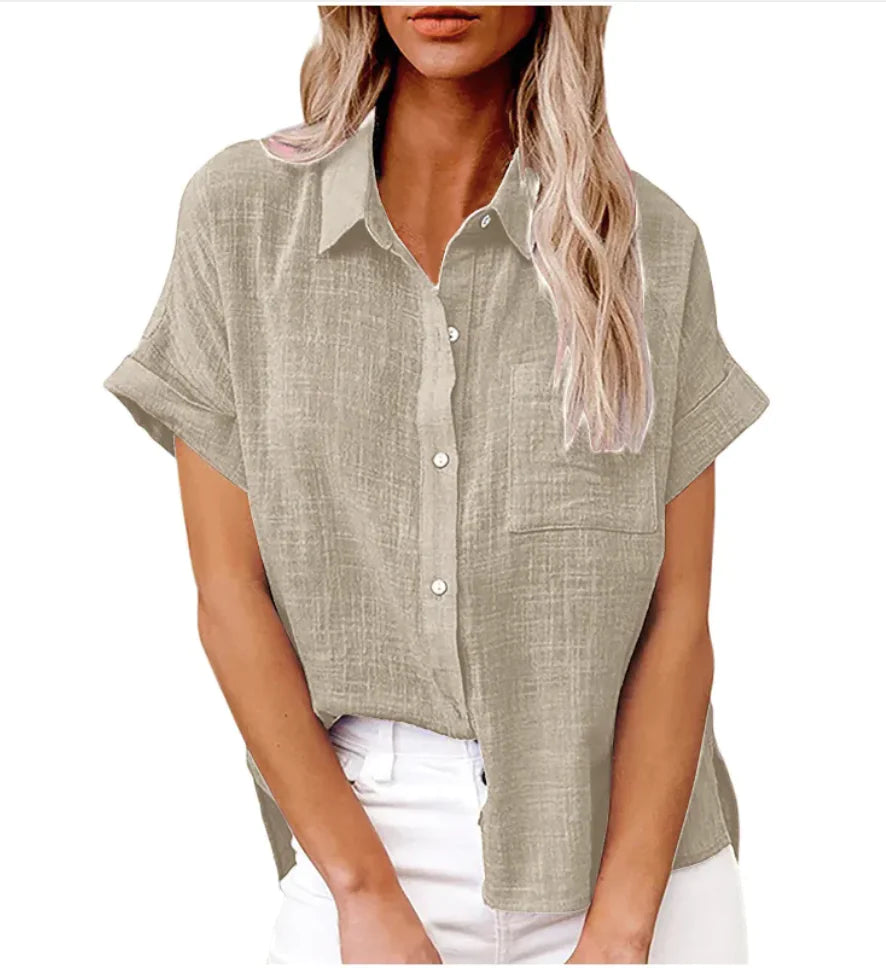 Women's Casual Cotton Linen Short-Sleeve Shirt with Pockets