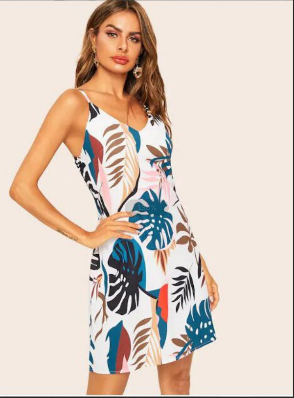 Leaf print V-neck strap dress