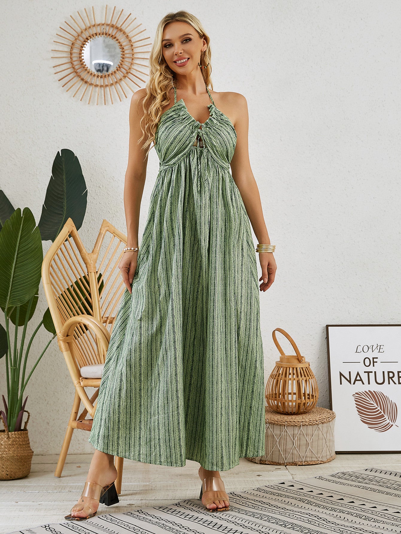 Bohemian Halter Maxi Dress - Women's Summer Sleeveless Flowy Beach Dress