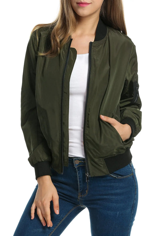 Zeagoo Women's Bomber Jacket Casual Coat Zip Up Outerwear Windbreaker with Pockets S-XXL Casual Jacket Large Army Green