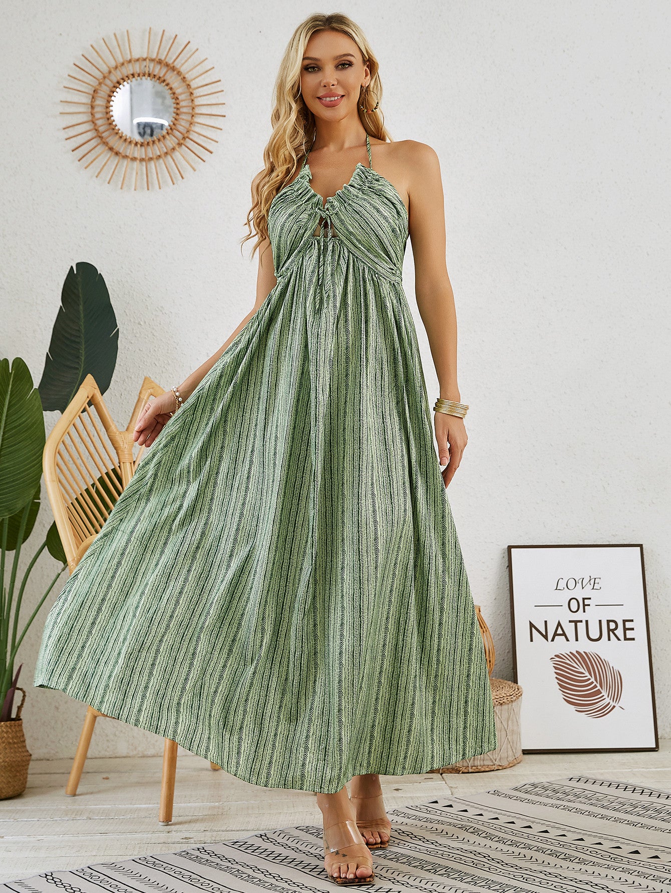 Bohemian Halter Maxi Dress - Women's Summer Sleeveless Flowy Beach Dress