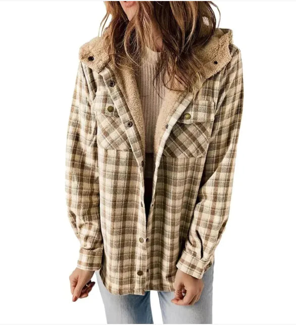 Casual Plaid Hooded Woolen Coat Thickened Fleece-lined Warm Jacket