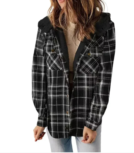 Casual Plaid Hooded Woolen Coat Thickened Fleece-lined Warm Jacket