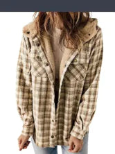 Casual Plaid Hooded Woolen Coat Thickened Fleece-lined Warm Jacket