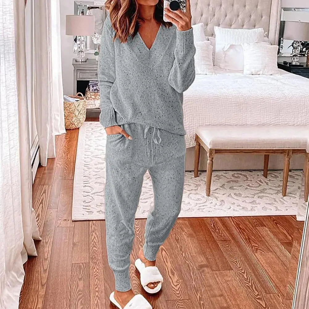 Women's V-Neck Wool Cashmere Knitted Tracksuit Set