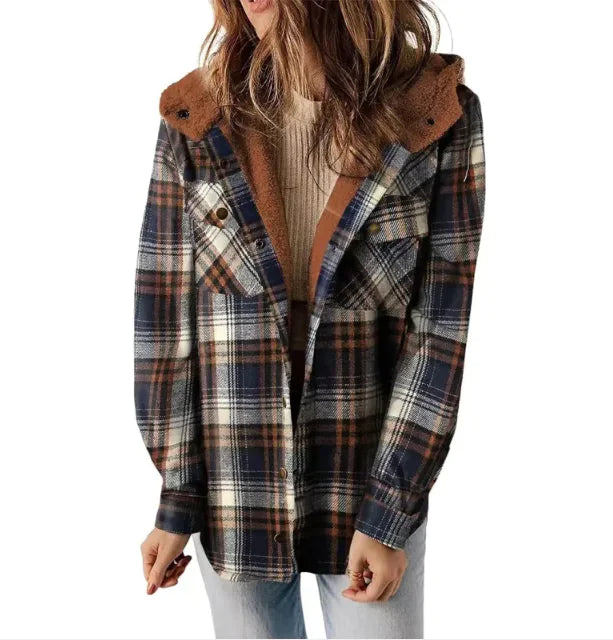 Casual Plaid Hooded Woolen Coat Thickened Fleece-lined Warm Jacket