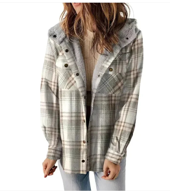 Casual Plaid Hooded Woolen Coat Thickened Fleece-lined Warm Jacket