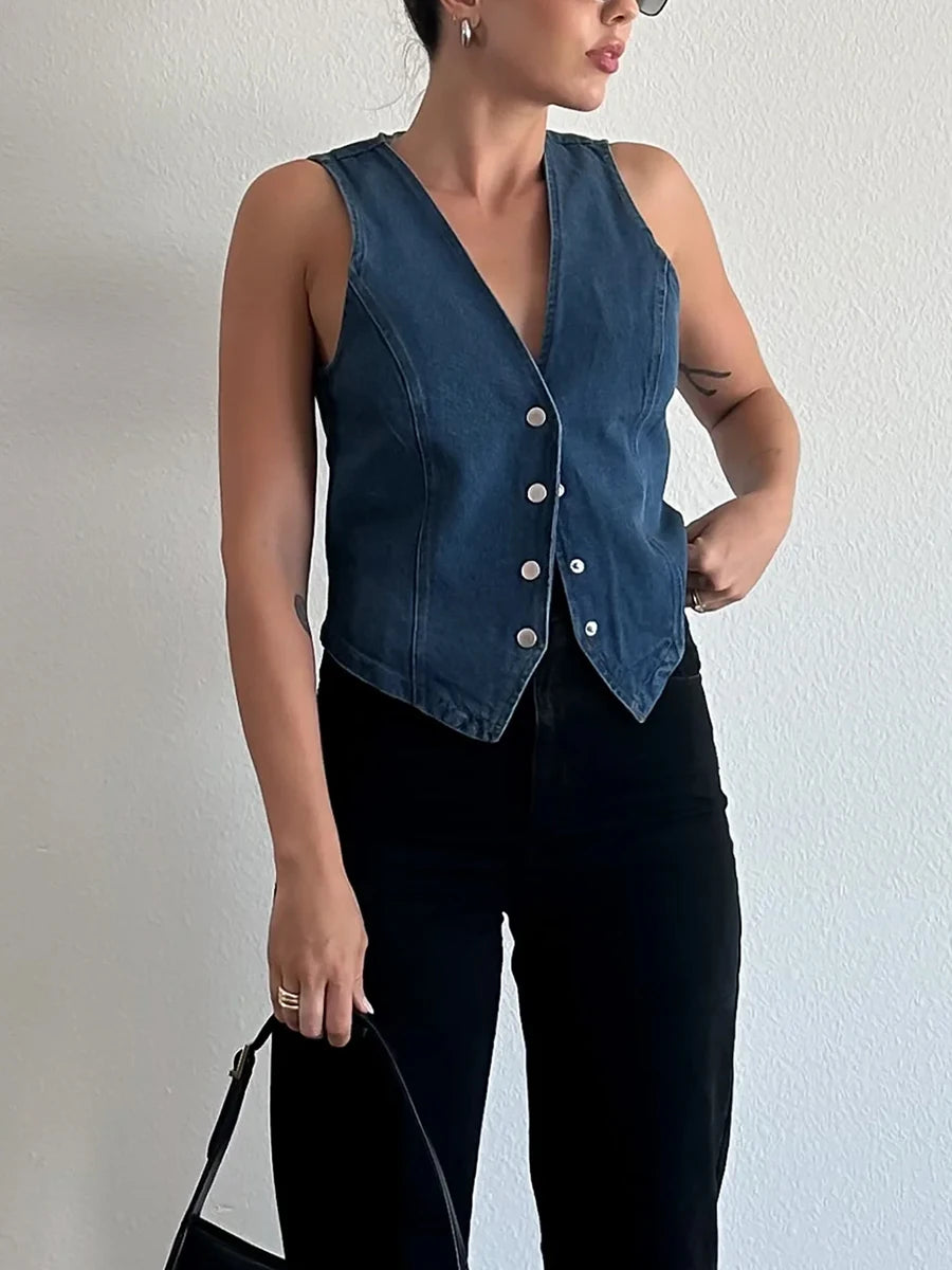 Women’s Blue Denim Vest – Retro Sleeveless V-Neck Slim Fit Jacket