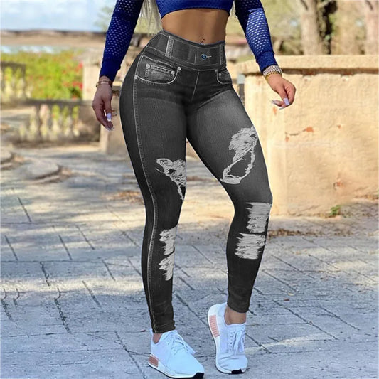 Title: Women's High Waist Imitation Denim Yoga Pants – Stylish Fitness Bottoms