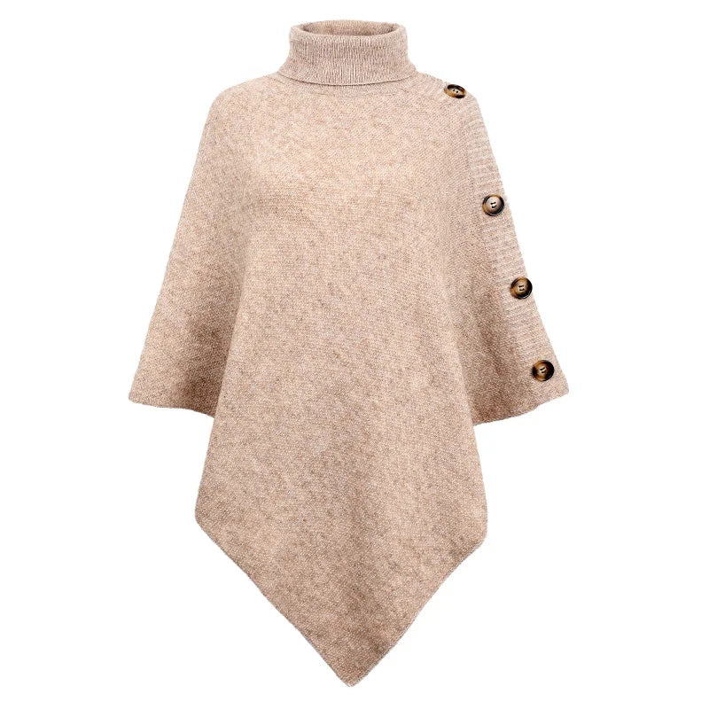 Fashion Autumn Winter Button Poncho Women Sweater Oversized Turtleneck Jumper Knitwear Holiday Vintage Cape  Sleeve Khaki Cloak