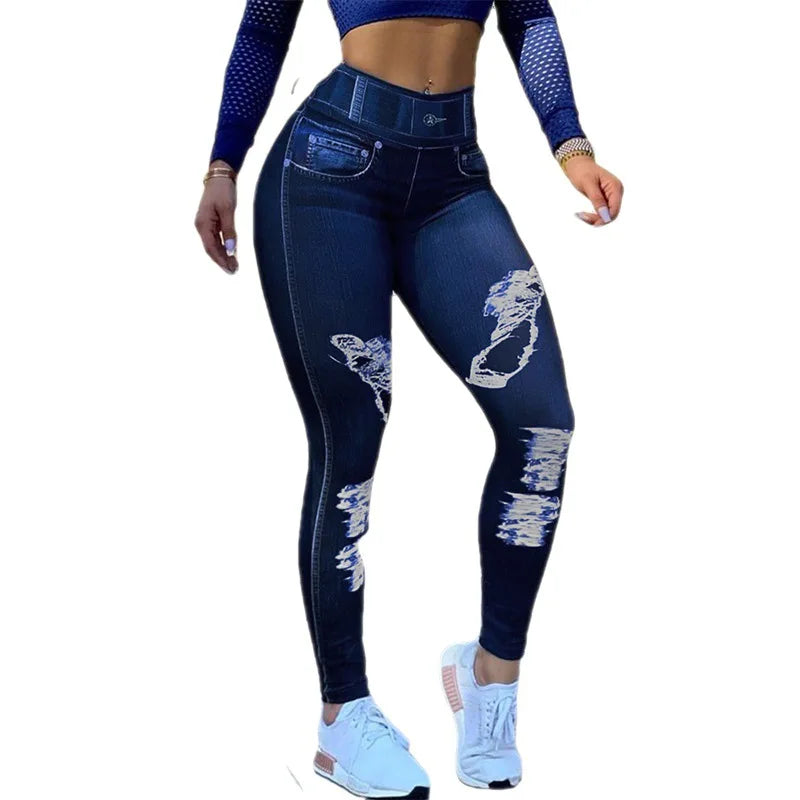 Title: Women's High Waist Imitation Denim Yoga Pants – Stylish Fitness Bottoms