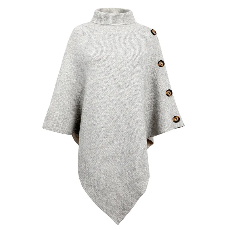 Fashion Autumn Winter Button Poncho Women Sweater Oversized Turtleneck Jumper Knitwear Holiday Vintage Cape  Sleeve Khaki Cloak