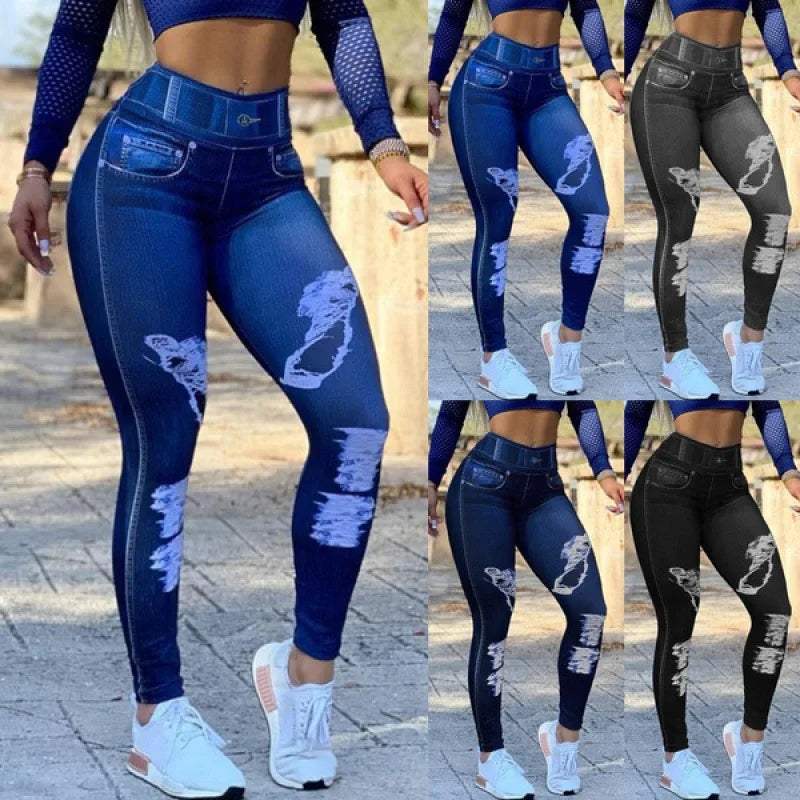 Title: Women's High Waist Imitation Denim Yoga Pants – Stylish Fitness Bottoms