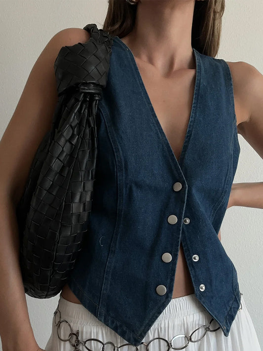 Women’s Blue Denim Vest – Retro Sleeveless V-Neck Slim Fit Jacket