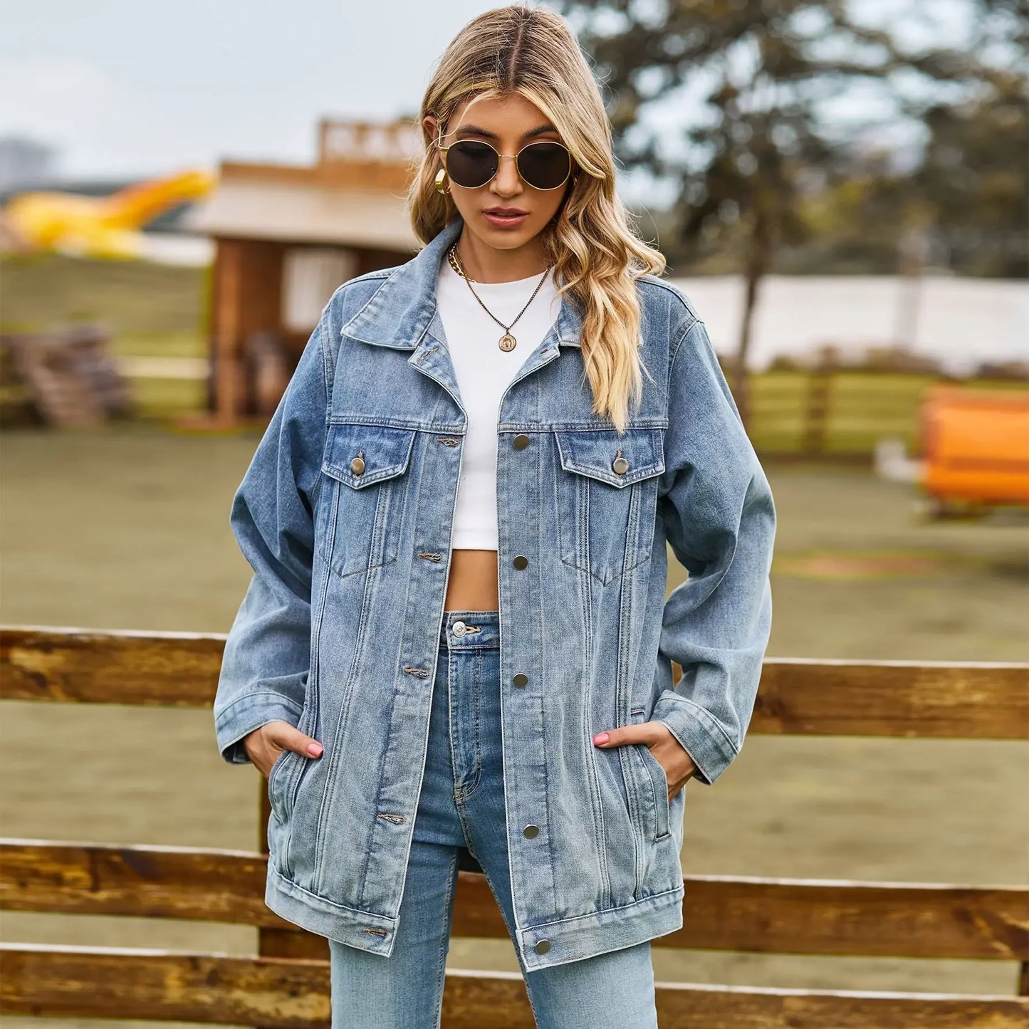 Classic Versatile Denim Jacket for Women Loose Mid-Length Coat