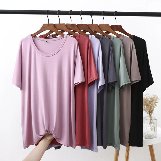 Plus size XL to 6XL Modal Tshirt short sleeves Summer women's T-shirts solid color O-Neck Loose Tee Tops Casual bottoming top