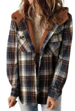 Casual Plaid Hooded Woolen Coat Thickened Fleece-lined Warm Jacket