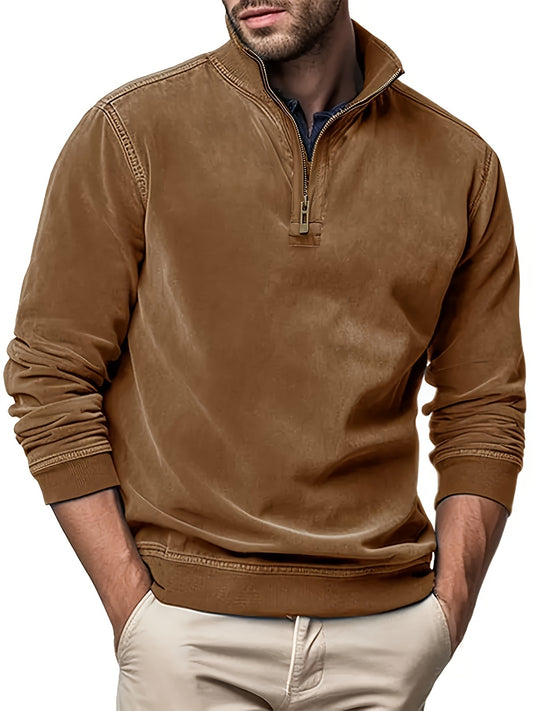 Men Faux Leather Sweatshirts Solid Color Stand Collar Zipper Long Sleeve Tops Fall Winter Casual Pullovers