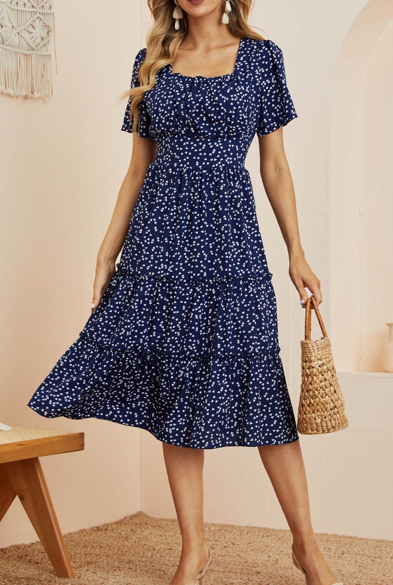 Square Neck Puff Sleeve Floral Dress Long