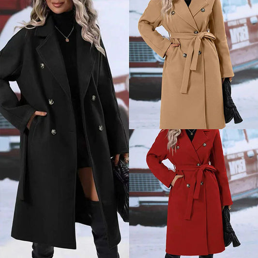 Women's Double-Breasted Trench Coat with Polo Collar and Lace-Up Belt: Thickened Solid Color Design