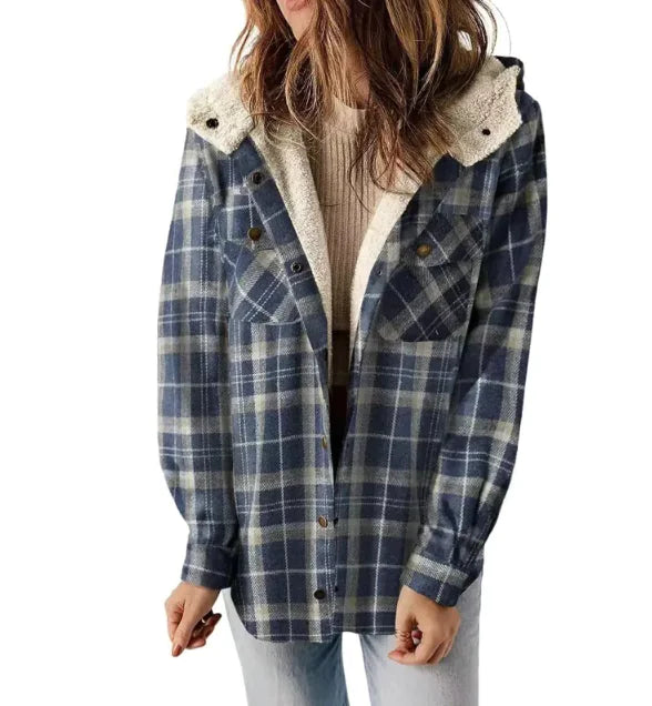 Casual Plaid Hooded Woolen Coat Thickened Fleece-lined Warm Jacket