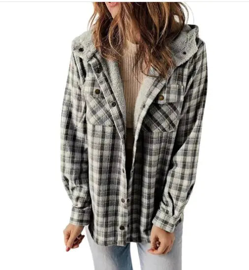 Casual Plaid Hooded Woolen Coat Thickened Fleece-lined Warm Jacket