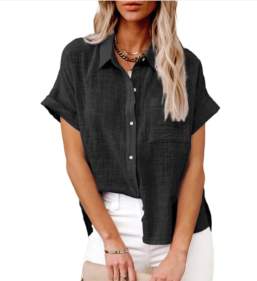 Women's Casual Cotton Linen Short-Sleeve Shirt with Pockets