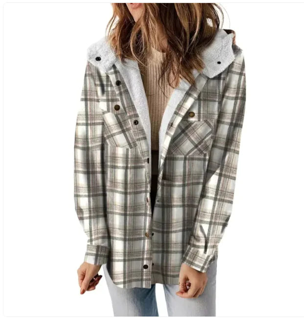 Casual Plaid Hooded Woolen Coat Thickened Fleece-lined Warm Jacket