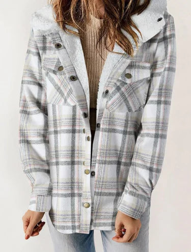 Casual Plaid Hooded Woolen Coat Thickened Fleece-lined Warm Jacket